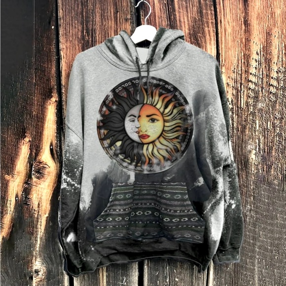 Amtdh Tops - Amtdh | Womens Pullover Hoodie | Sun and Moon Graphic Black & Gray Size Medium